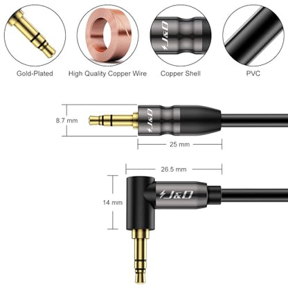 J&D 1/8 Stereo Cable, 3.5mm Extension Double Male Stereo Audio Aux Jack to Jack Cable 90 Degree Right Angle for Phone Tablet MP3 Player and All Other Devices, 10 Feet (Pack of 2) - size: 10 Feet (Pack of 2)