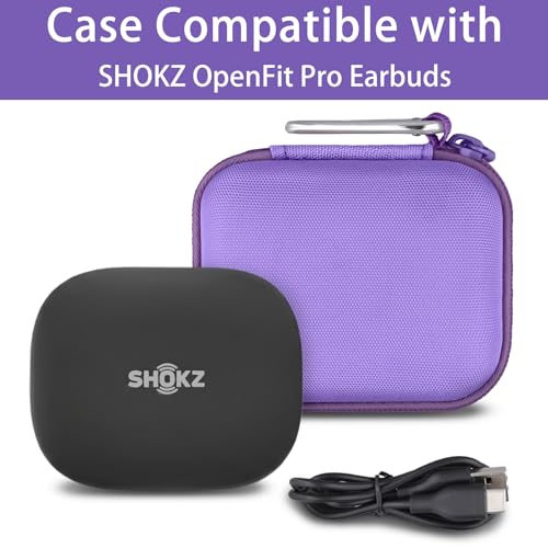 co2CREA SHOKZ 오픈핏 프로 오픈 이어 이어버드용 하드 케이스, 퍼플 | 메시 액세서리 포켓, 충전 케이블 보관, 경량 디자인, 카라비너 클립 - color: 퍼플 케이스, style: OpenFit Pro용