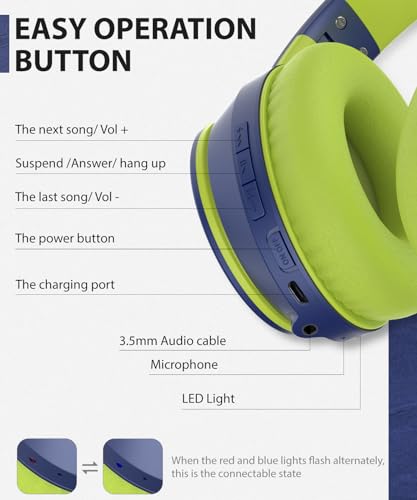 rockpapa E7 Over Ear Wireless Bluetooth Headphones with Mic Include Travel Case, Foldable Wired/Wireless Headphones with Microphone for Kids Childrens Boys Girls Teen Youth Adult Blue Green - color: Blue Green, style: with Case