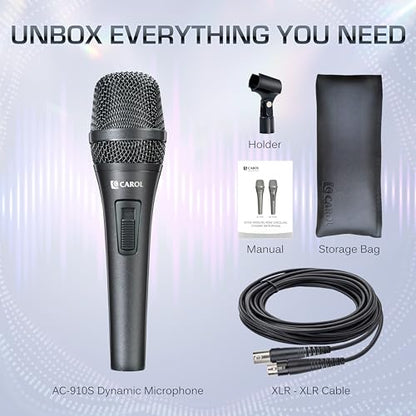 CAROL AC-910S XLR Wired Vocal Microphone, Dynamic Cardioid with Switch | AHNC dual-engine noise canceling tech for singing, studio, and stage. incl. 14.8ft (4.5m) XLR cable, mic clip - style: AC-910S (with Switch)