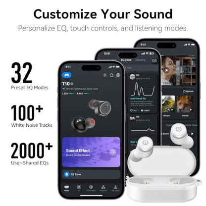 TOZO T10 Wireless Earbuds Powerful Bass Stereo Wireless Charging, APP, IPX8 | Waterproof, 55H Playtime, Ergonomic Design In Ear buds, App Customize EQ, Bluetooth 5.3 Headphones for Work, Travel, White - color: Matte White