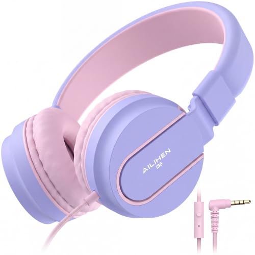 AILIHEN I35 Kids Headphones for School with Mic, 93dB Safe Volume, Lilac | Wired On Ear Headphones for Kids Girls, Foldable Lightweight Headphone for Classroom Learning & Entertainment Travel Computer - color: Lilac Pink