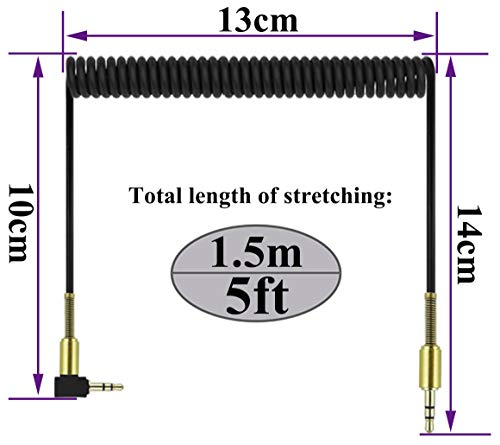 3.5mm Coiled Cable - 90 Degree Right Angle 3-Pole TRS Jack Stereo Audio Spring Aux Cable for Smartphones, Tablets and MP3 Players (1.5m) (Pack of 2) - size: 5 feet (Pack of 2)