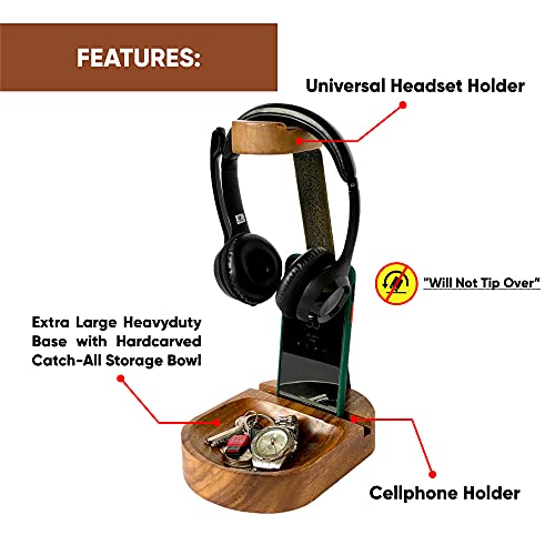 Headphone & Phone Stand, Dual Acacia Wood Holder with Tray, Desk Organizer | Solid wood headset & phone stand with tray for gaming & home office desks, universal fit for most headphones & cell phones - style: Wooden Headset Cell Phone Holder