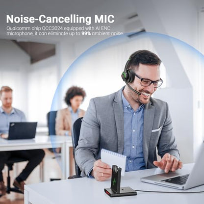 Bluetooth Wireless Headset with Mic for Work, Bluetooth 5.2, Advanced Noise Reduction Microphone, Clear Calls - Comfortable On-Ear Headphones, Applicable to PC, Laptop, Phone, Android, Zoom, Office - color: Black Green