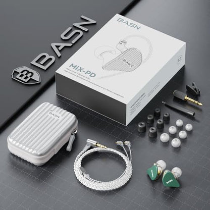 BASN Mix-PD in Ear Monitor,Planar Driver+Dynamic Driver 2-Pin Cable,Green | Two Mixed Drivers IEM with CNC Crafted Metal Cover, Wired Detachable 0.78mm 2-Pin Silver Plated OFC Cable for Musicians - color: Green