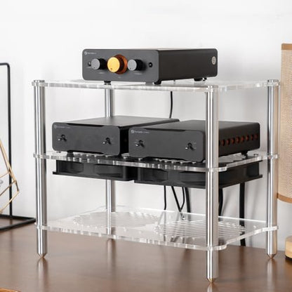 Fosi Audio Acrylic Amplifier Rack for Cooling Fan, Sturdy Audio Equipment Rack for Home Theater, HiFi and AV Component Rack, Ventilated Speaker Stand for Studio and Audio Devices