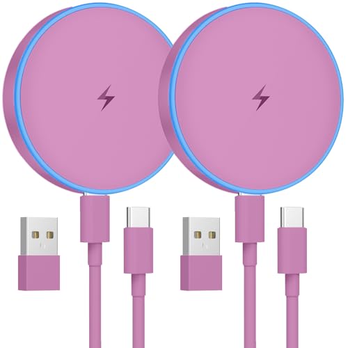 MagSafe Charger 2 Pack 15W Magnetic Wireless Charger Fast Charging Pad Compatible with iPhone 17/16/15/14/13/12 Series & AirPods 4/3/2/Pro Magnetic MagSafe Charging Pad with Dual Ports-Purple | Two USB-C cables and two USB-A adapters, compatible with iPho