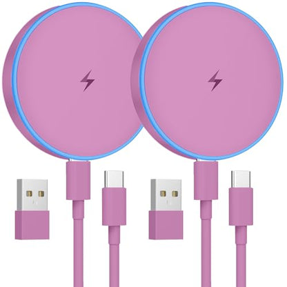 MagSafe Charger 2 Pack 15W Magnetic Wireless Charger Fast Charging Pad Compatible with iPhone 17/16/15/14/13/12 Series & AirPods 4/3/2/Pro Magnetic MagSafe Charging Pad with Dual Ports-Purple | Two USB-C cables and two USB-A adapters, compatible with iPho