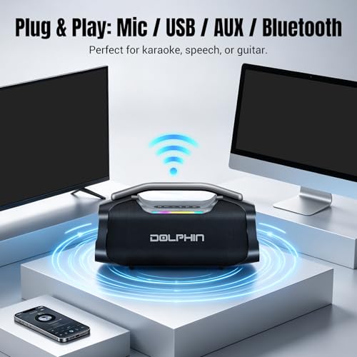 TWS Portable Bluetooth Speaker, 55W Bass, IP67 Waterproof for Outdoor Party | Mic input for karaoke, ABS rugged for pool, garage, trail, Loud Deep Bass 2600mAh plays 6H for Travel, House, Beach, Camping
