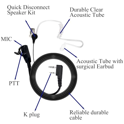 Walkie Talkies Earpiece 2 Pin Acoustic Tube Headset Ear Piece, 2 Pack | Radio Earpiece with Mic PTT Compatible with Baofeng UV-5R BF-888S Retevis H-777 RT21 RT22 Arcshell AR-5 Kenwood 2 Way Radio