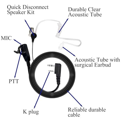 Walkie Talkies Earpiece 2 Pin Acoustic Tube Headset Ear Piece, 2 Pack | Radio Earpiece with Mic PTT Compatible with Baofeng UV-5R BF-888S Retevis H-777 RT21 RT22 Arcshell AR-5 Kenwood 2 Way Radio