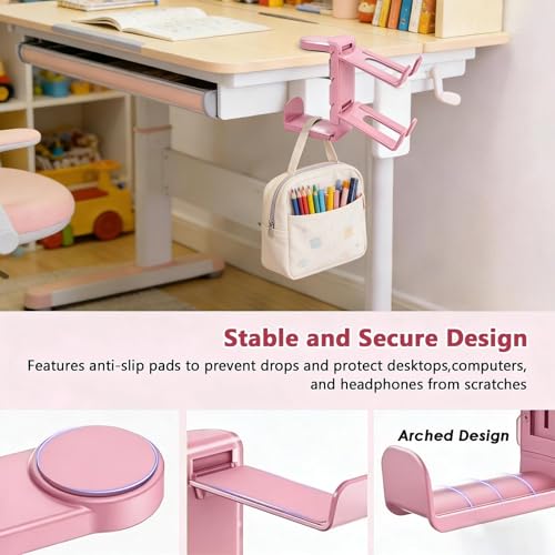 3-in-1 Gaming Headset Stand with Controller Holders Clamp-on Under Desk Rotating Headphone Hanger Adjustable PC Desk Headphone Holder with Cable Organizer - color: pink