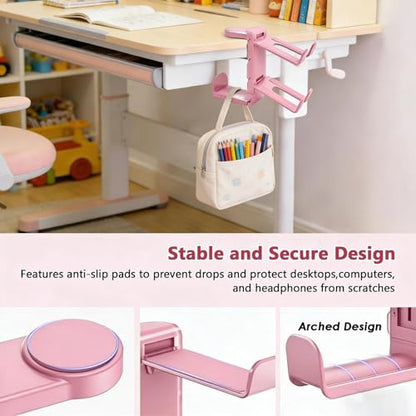 3-in-1 Gaming Headset Stand with Controller Holders Clamp-on Under Desk Rotating Headphone Hanger Adjustable PC Desk Headphone Holder with Cable Organizer - color: pink