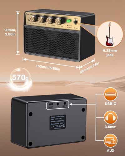 Guitar Amp with Clean Drive, 3.5mm /AUX 6H Work for Indoor Practice Travel | 10W Mini Guitar Amplifier USB-C Rechargeable Bluetooth Small Portable Amp