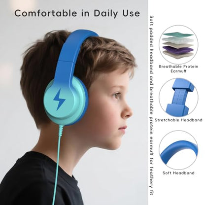 Candy Bila Wired Kids Headphones for School, Over-Ear for Boys Girls | Volume Limiter 85/94dB, HD Stereo Sound, Microphone and Wired Control, Foldable Design, Gradient Blue - color: Gradient Blue