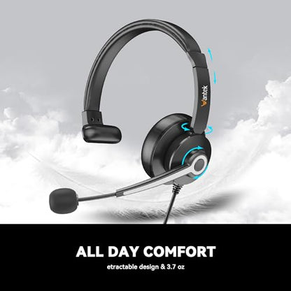 Wantek USB & 3.5mm Headset with Mic for PC/Laptop,Wired Headset with Noise-Cancelling Microphone & Audio Controls Perfect for Home Office Online Class Skype Zoom Call Center Webinar,Monaural - color: USB+3.5mm(Monaural)