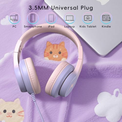 Candy Bila Wired Kids Headphones for School, Over-Ear for Boys Girls | Volume Limiter 85/94dB, HD Stereo Sound, Microphone and Wired Control, Foldable Design, Gradient Pink - color: Gradient Pink