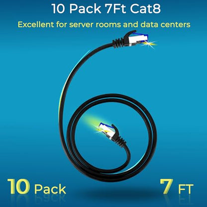 Rapink Patch Cables Cat8 7ft 10 Pack Slim, Cat8 Ethernet Patch Cable 40G Support, Snagless Cat 8 Patch Cable for Patch Panel to Switch, Flexiable Cat 8 Ethernet Cable Datacenter with Gold Plated - size: 7ft, style: 10 Pack