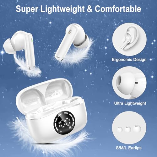 Bluetooth 5.4 Headphones, 2025 Wireless Earbuds 3D Hi-Fi Stereo Bass Ear Buds, 4 ENC Noise Cancelling Mic, 3g USB-C in-Ear Earphone Sport, IP-X7 Waterproof Workout Gym for Android iOS Laptop Pad - color: Z-Milky White