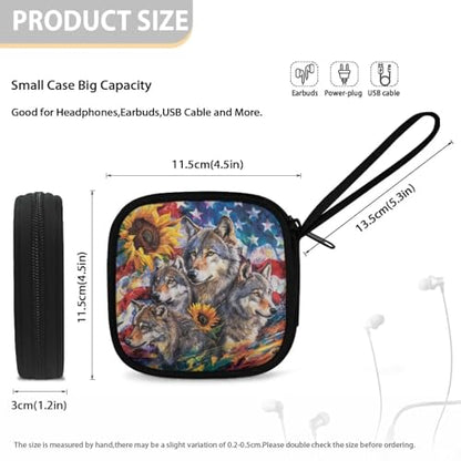 Universal Lightweight Portable Earphone Storage Bag Earbud Carrying Case Rectangle Small Hard Case for Wired Bluetooth Headset Charger - American Flag Wolf - color: American Flag Wolf Sunflower