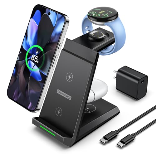 NANAMI 3 in 1 Wireless Charging Station Charger Dock for Google Devices | Fast Charger Stand Dock for Pixel 9/9 Pro XL/Fold, Buds Pro 2/Pro, Watch 3/2, Fitbit Versa 4/Sense 2(Not for Pixel Watch 1/4) - color: Black