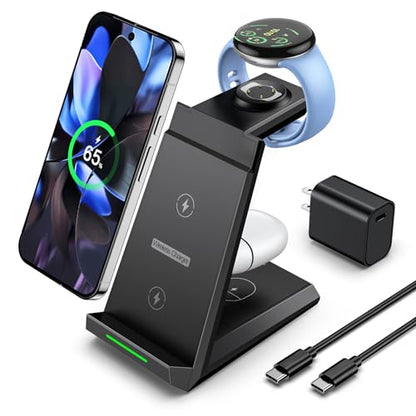 NANAMI 3 in 1 Wireless Charging Station Charger Dock for Google Devices | Fast Charger Stand Dock for Pixel 9/9 Pro XL/Fold, Buds Pro 2/Pro, Watch 3/2, Fitbit Versa 4/Sense 2(Not for Pixel Watch 1/4) - color: Black