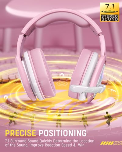 Tatybo Wireless Gaming Headset with Mic, 7.1 Sound 50mm Driver, White Pink | FPS & RPG Audio, 2.4G/BT 5.3/USB-C, 30H battery, Low latency for PS5/PS4/PC/Switch/Laptop/Mobile - color: White Pink