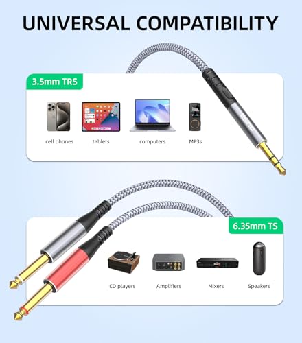 Tisino 3.5mm to 1/4" Adapter Stereo(L/R) Audio Splitter Cable, 3.3FT/1m | 1/8" to 1/4" Stereo Cable for Smartphone, Mixer, Amp, Gold-Plated Shielded HiFi Audio Y-Cable - size: 3.3 ft