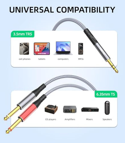 Tisino 3.5mm to 1/4" Adapter Stereo(L/R) Audio Splitter Cable, 10FT/3m | 1/8" to Dual 1/4" TS Mono Cable for Phone/Laptop/Mixer/Amp, Gold-Plated Shielded OFC Stereo Y Adapter Cable - size: 10 ft