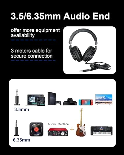 SUUNTOK Over Ear Wired Headphones MR810, Studio Monitor Headset with Closed Back Design Flexibale Professional Stereo Headphone with 3m Cable for Studio Monitering, Recording, Podcasting (Black)