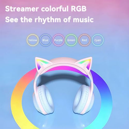 Cat-Ear Wireless Headphones Bluetooth 5.3 Over the Ear Headphones with RGB Light Built-in Mic Foldable Fashionable Stereo Headset Support TF Card for Gaming Travel PC Phone iPad（Ice Blue） - color: Ice Blue