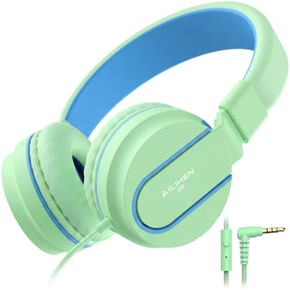 AILIHEN I35 Kids Headphones for School with Mic, 93dB Safe Volume, Green | Wired On Ear Headphones for Kids Girls, Foldable Lightweight Headphone for Classroom Learning & Entertainment Travel Computer - color: Aqua Green