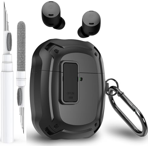 Olytop for Google Pixel Buds Pro 2/Pro Case Cover with Lock Clip & Cleaner Pen 2024/2022, Shockproof Protective Hard Shell Skin with Carabiner Men Women - Black - color: Black