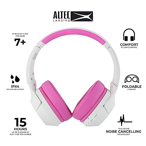 Altec Lansing Kid Safe Noise Cancelling Wireless Headphones 15H Battery, 85dB Volume Limit, Foldable Design Powerful Sound, Active Noise Cancellation Perfect for Kids Ages 7+ (Whiteout Pop Pink) - color: Whiteout Pop Pink