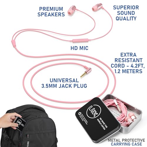 UliX Rider Wired Earbuds in-Ear Headphones, 5 Years Warranty, Earphones with Microphone, with Anti-Tangle Cable, Ear Buds for iPhone, iPad, Samsung, School Students, Kids, Women, Small Ears - Pink - color: Pink, style: 3.5 mm