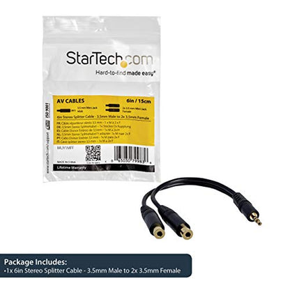 StarTech.com 6 in. 3.5mm Audio Splitter Cable - Stereo Splitter Cable - Gold Terminals - 3.5mm Male to 2x 3.5mm Female - Headphone Splitter (MUY1MFF),Black | Stereo Splitter Cable, Headphone Splitter, Gold Terminals - size: Standard Cable, style: Black