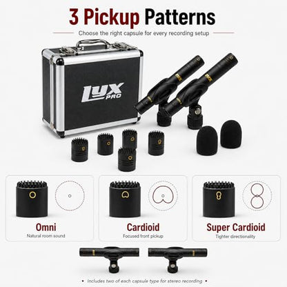 LyxPro SDPC-2 Stereo Pair XLR Pencil Condenser Microphones, 3 Capsules | Omni, cardioid & super cardioid capsules for acoustic guitar, drum overheads, piano, choir, room sound & studio recording