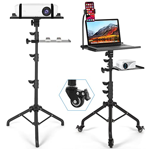Tossbiss Laptop Tripod on Wheels with 2 Shelves | Portable Projector Floor Stand Adjustable Height 25.9 to 51.8 Inch with Phone Holder, Projector Stand