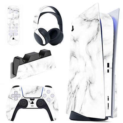 PlayVital Seamless White Marble Full Set Skin Decal for ps5 Console Disc Edition, Sticker Vinyl Decal Cover for ps5 Controller & Charging Station & Headset & Media Remote - color: Seamless White Marble