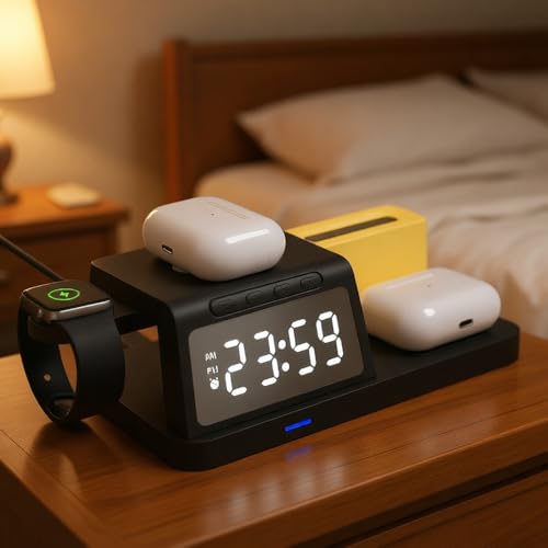 IHAO 6in1Digital Alarm Clock with Wireless Charging Station Night Light 15W Fast Charging for Qi Phone Headphone Bracket for iWatch LED Display Dimmable Brightness-HT309 White - color: Wireless Charger Alarm Clock HT309 White
