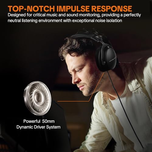 talomen Studio Monitor Headphones for Recording, Wired Over Ear Studio Headphones with Detachable Boom Microphone, Professional Monitoring Headset for Podcast, Broadcast, Streaming & Audio Mixing