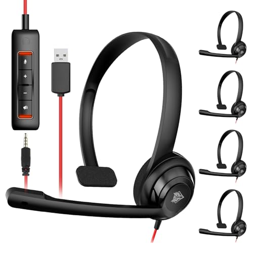 NUBWO HW02 USB Headset with Microphone Noise Cancelling &in-line Control, Ultra Comfort Computer Headset for Laptop pc, On-Ear Wired Office Call Center Headsets for Boom Skype Webinars, 5 Packs | 5 Packs - Comfort Computer Headset for Laptop pc, On-Ear Wi