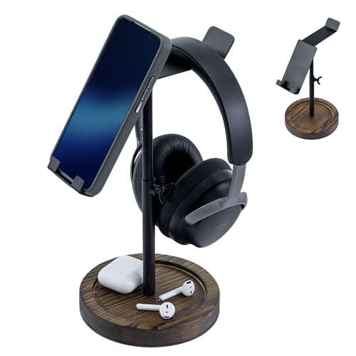MyGift Industrial Matte Black Metal Headphone Stand with Adjustable Height and Burnt Wood Tray – Desktop Headset Holder for Office, Gaming, or Studio Setup - color: Dark Brown (Adjustable Height)