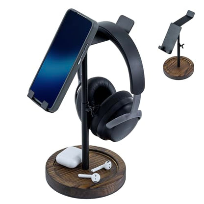 MyGift Industrial Matte Black Metal Headphone Stand with Adjustable Height and Burnt Wood Tray – Desktop Headset Holder for Office, Gaming, or Studio Setup - color: Dark Brown (Adjustable Height)