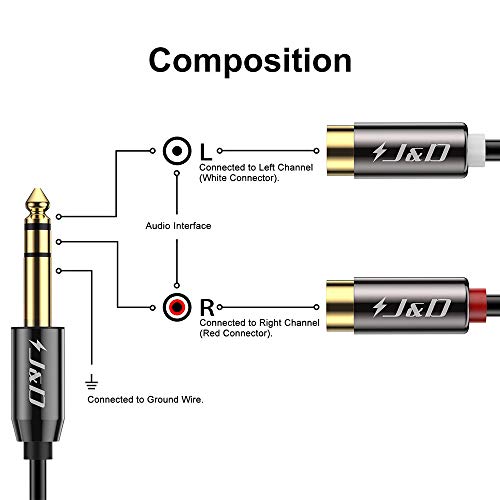 J&D 6.35 mm to 2RCA Cable, Gold Plated Copper Shell Heavy Duty 6.35mm 1/4 inch Male TRS to Stereo 2 RCA Female Splitter Audio Adapter Cable, 0.8 Feet