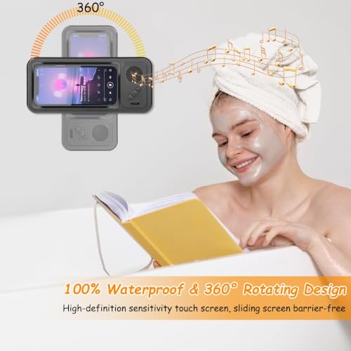 Shower Phone Holder with Wireless Bluetooth Speaker , 480° Rotation Retractable Adjustable Shower Case for iphone ,Bathroom Wall Phone Mount Stand WaterProof Anti Fog,Compatible with All 4-7"Cellphone