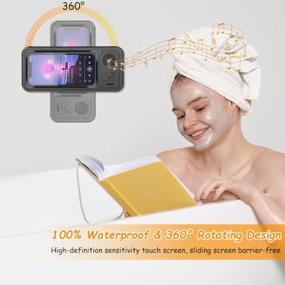 Shower Phone Holder with Wireless Bluetooth Speaker , 480° Rotation Retractable Adjustable Shower Case for iphone ,Bathroom Wall Phone Mount Stand WaterProof Anti Fog,Compatible with All 4-7"Cellphone