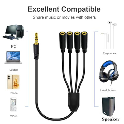 3.5mm Headphone Y Splitter Audio Cable (50cm) | 4Poles 1 to 4 Way 3.5mm (1/8") TRRS AUX Stereo Jack 1 Male to 4 Female Adapter Cord for Earphone,Headset,Laptop,Phone(4 Way) - style: 4 Way