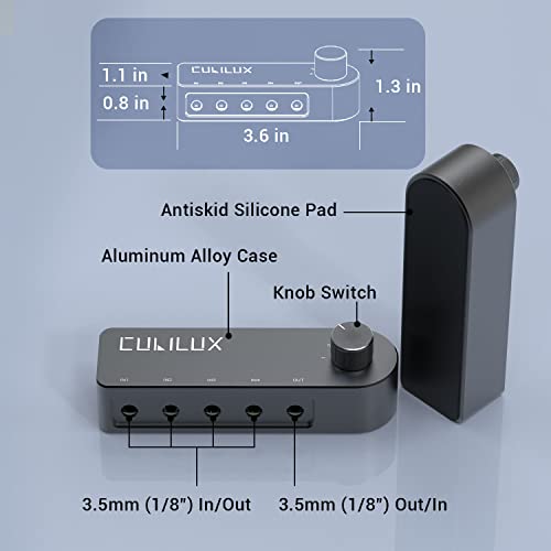 Bidirectional 3.5mm Audio Switcher (1-in to 4-Out / 4-in to 1-Out), Stereo 1/8” Aux Selector Box for Speaker Headphones/Earphones, Audio Switch for Laptop Computer Smartphone Tablet